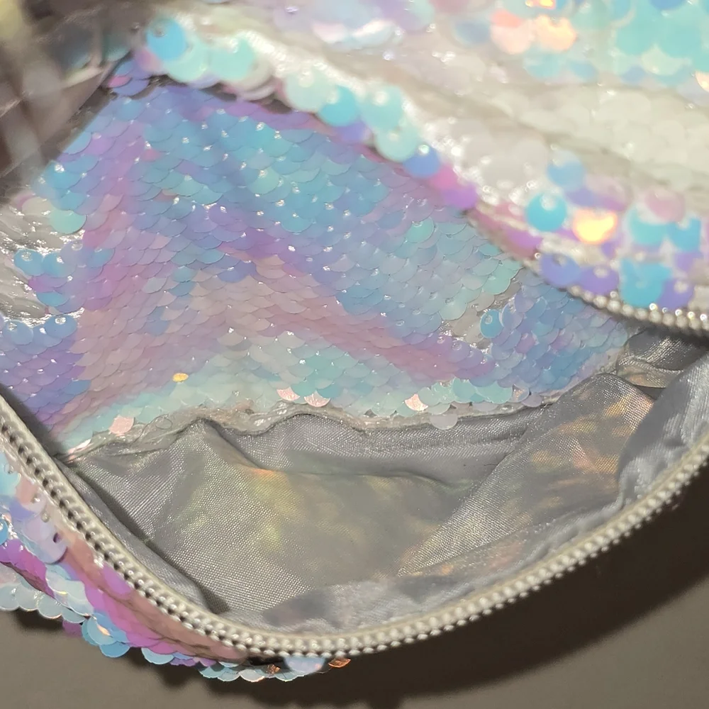 Justice Silver Flip Sequin Mini Backpack T Initial Pompom Metallic Glitter Bag